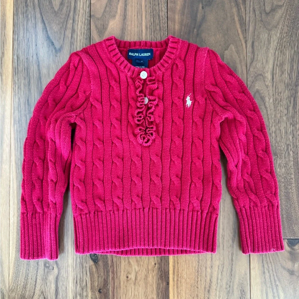 Ralph Lauren Girls Cable Knit Sweater Ruffle Red size 3 / 3T